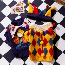 Autumn & Winter Small Dog Clothing - Fun Circus Transformation Plaid Knit Sweater for Puppies (Tai Di)